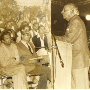 Critically acclaimed poet Faiz Ahmed Faiz addresses a seminar organised by the Karachi Union of Journalists and All-Pakistan Newspaper Employees Confederation.